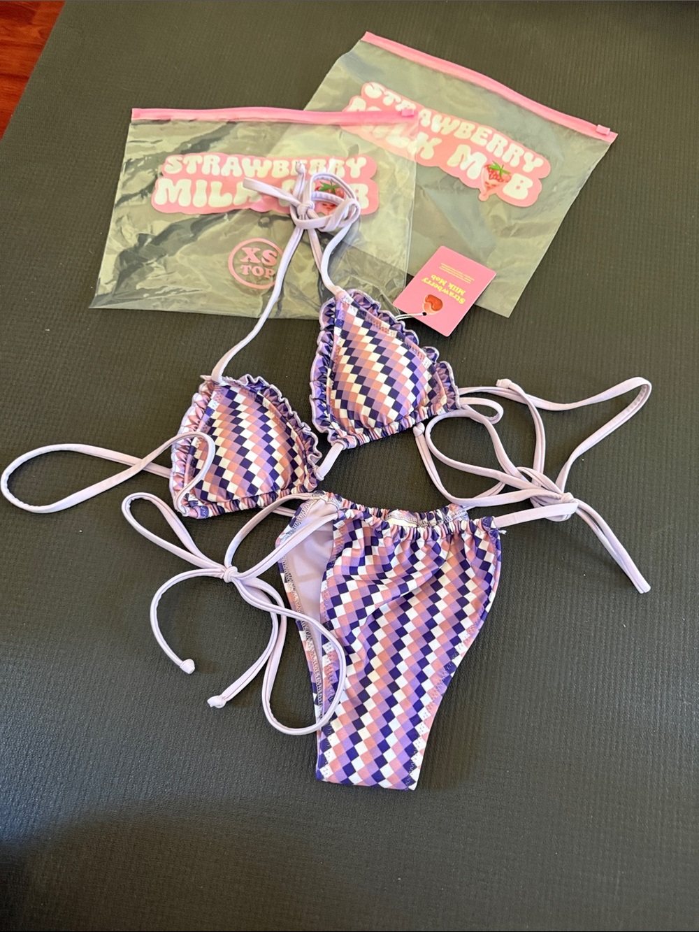Strawberry Milk Mob Purple and Pink Checkered Triangle Bikini - Kids